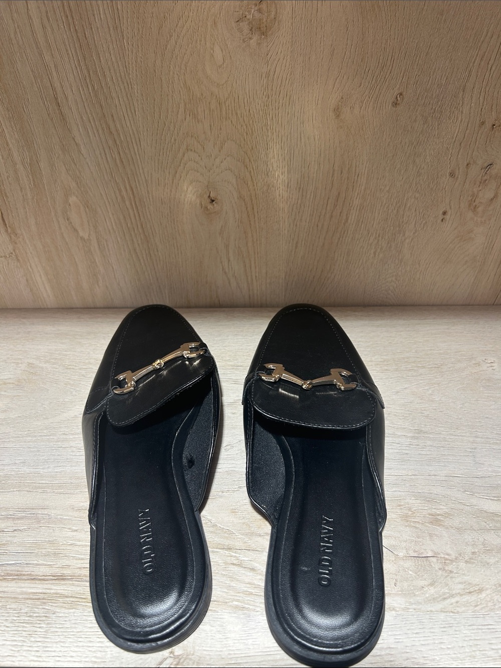 Old Navy Black Slide Mules Gold Hardware Slip-On Chic